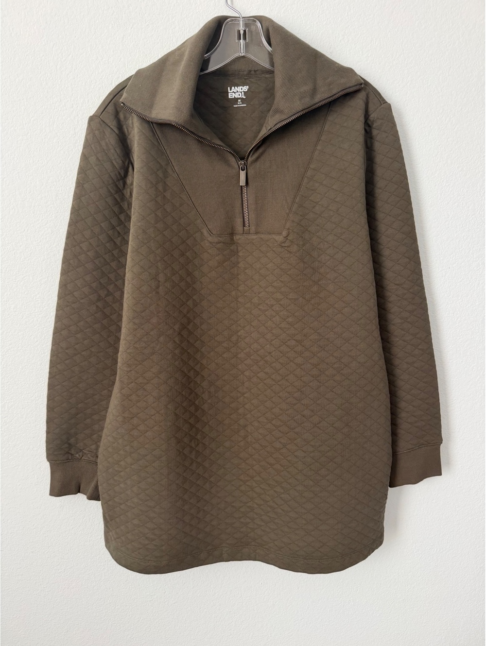 Lands’ End Quilted Quarter Zip Long Sleeve Pullover OliveGreen Sweatshirt Size M
